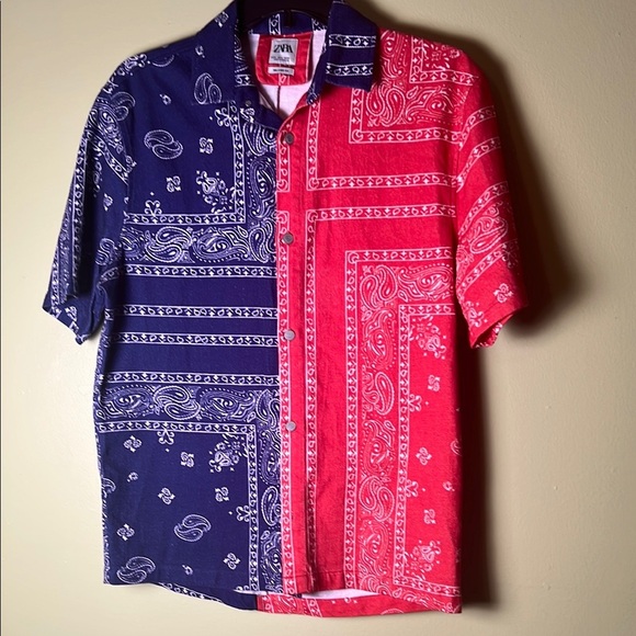 Zara Men's Blue and Red Bandana Shirt - Picture 1 of 6